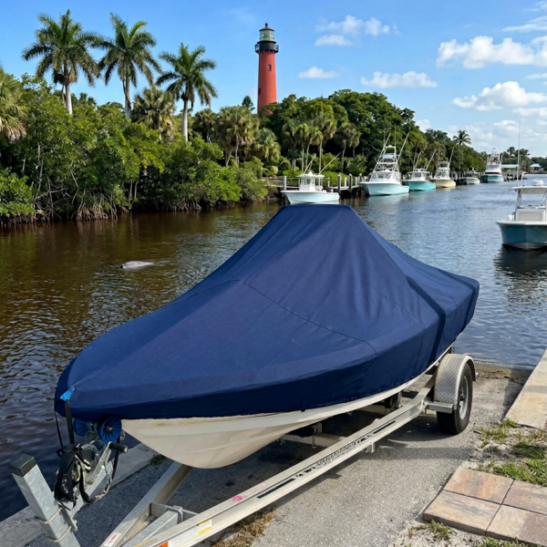 Blue-covered boat on a trailer beside a marina, with a red lighthouse and palm trees in the background.