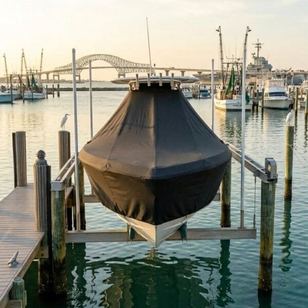 Boat covered with a dark tarpaulin on a boat lift at a marina, with docks and a bridge in the background.