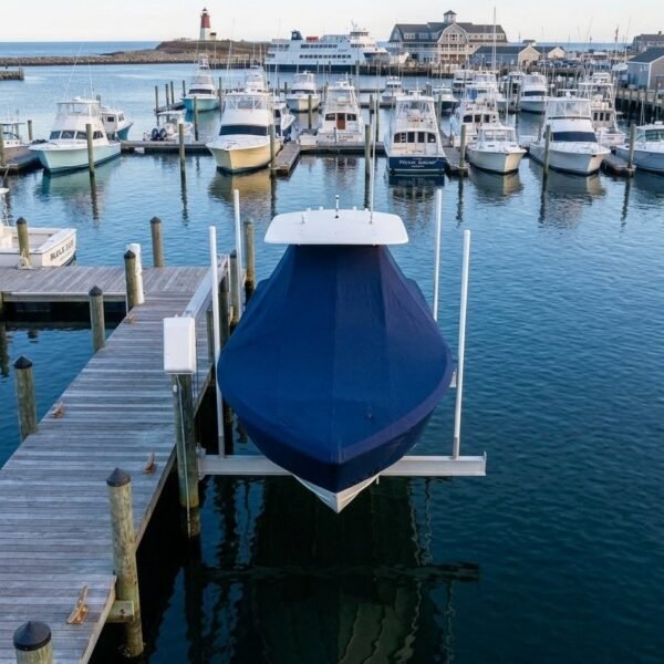 Blue boat secured on a lift at a marina with many boats and a lighthouse in the distance.