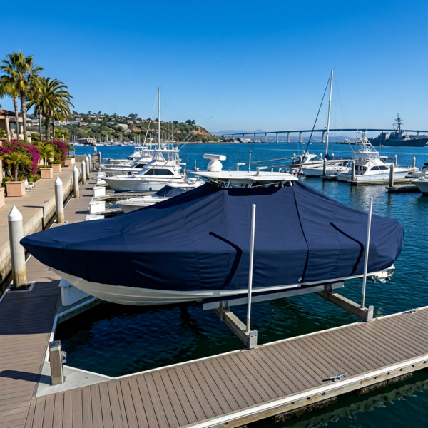 Marina with a large boat covered by a navy tarp docked at a wooden pier, blue sky above.