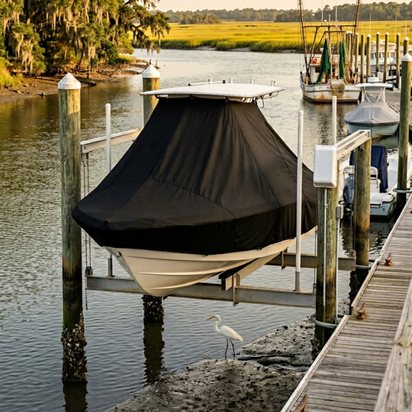 Covered boat on a lift at a dock beside marshy water, with a white heron standing on muddy shore nearby.