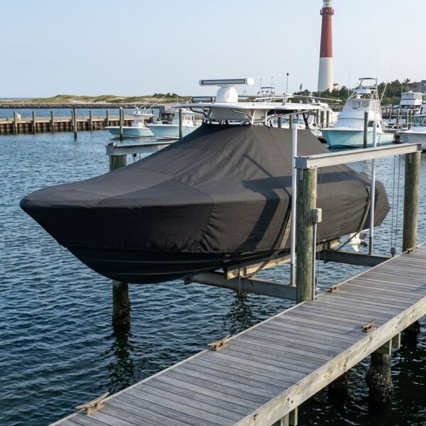 Covered motorboat on a lift at a marina, with a red-and-white lighthouse in the background.
