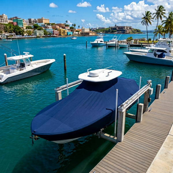 Blue-covered speedboat docked at a wooden pier in a sunny harbor, with colorful waterfront buildings and palm trees in the background.