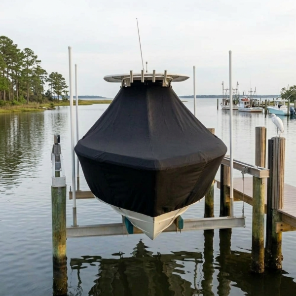 Boat on a lift at the dock, covered with a black tarp, calm water and marina in the background.