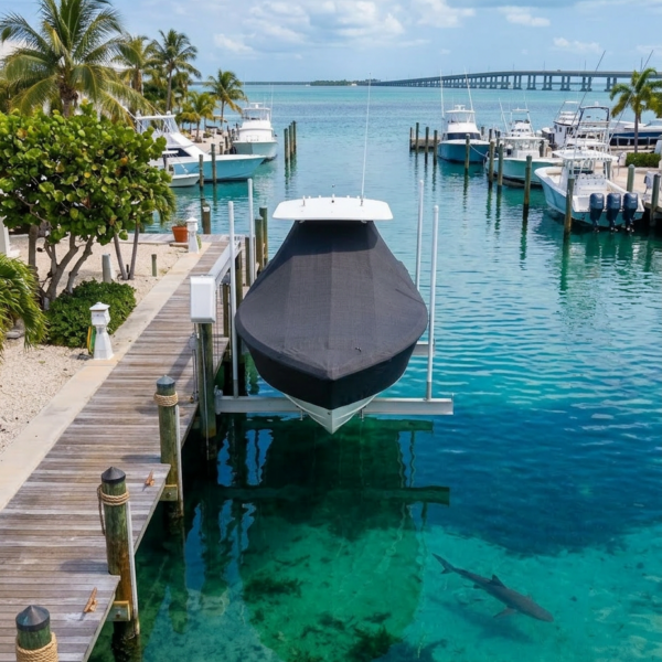 White-and-black boat on a lift at a wooden marina dock; turquoise water, palm trees, and a shark shape visible underwater.