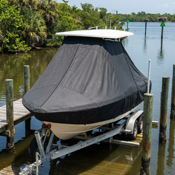 Pursuit 2270 T-Top boat cover in Charcoal Sunbrella fabric on dock lift at Indian River Lagoon, Florida