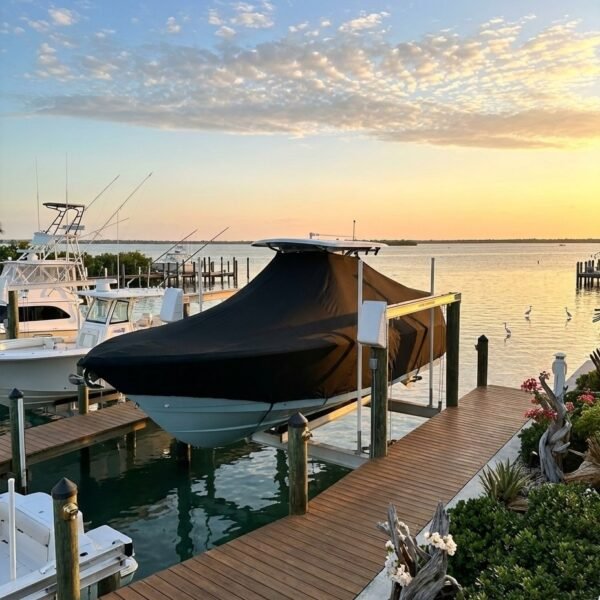 Pursuit 2470 T-Top boat cover in Black Sunbrella fabric on dock lift at Palm Beach, Florida