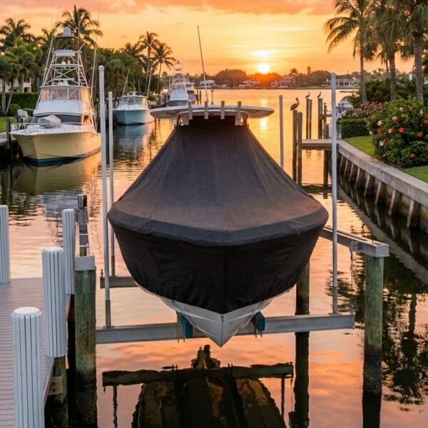 Pursuit 248 S T-Top boat cover in Charcoal Sunbrella fabric on dock lift at Jupiter Inlet, Florida