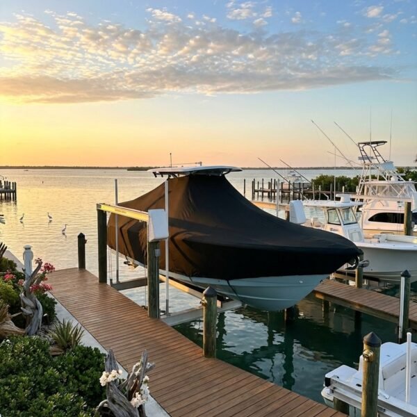 Pursuit 250 C T-Top boat cover in Navy Sunbrella fabric on dock lift at Vero Beach, Florida