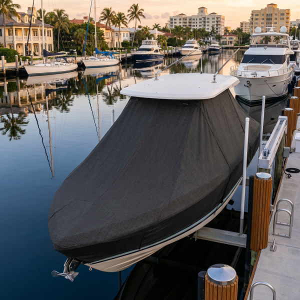 Pursuit 2570 T-Top boat cover in Charcoal Sunbrella fabric on dock lift at Ponce Inlet, Florida