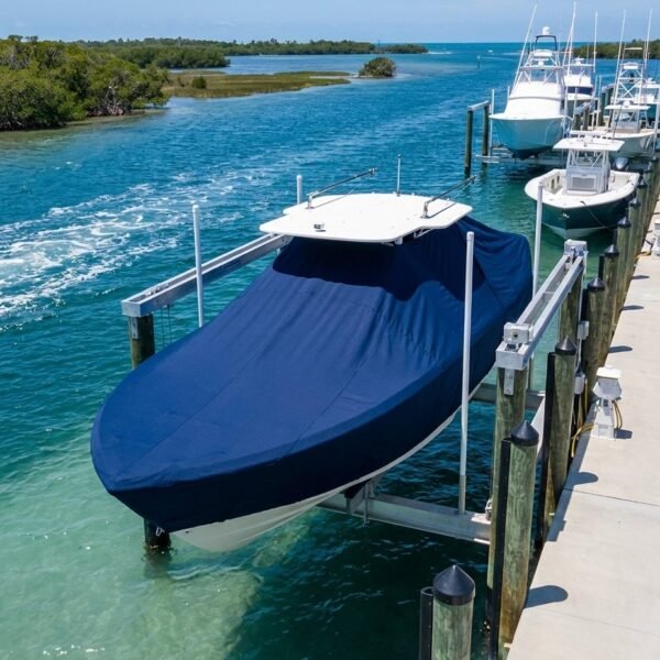 Pursuit 260 C T-Top boat cover in Navy Sunbrella fabric on dock lift at Cape Canaveral, Florida