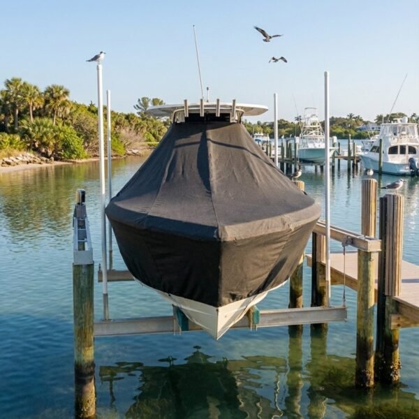 Pursuit 268 T-Top boat cover in Charcoal Sunbrella fabric on dock lift at Jensen Beach, Florida