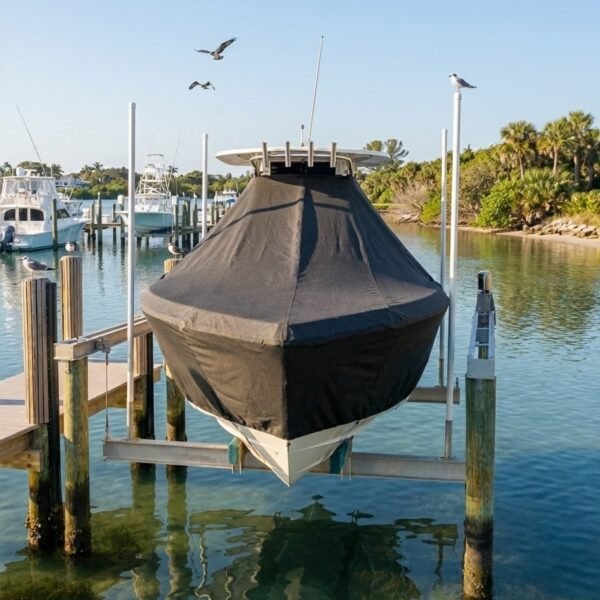 Pursuit 2870 CC T-Top boat cover in Navy Sunbrella fabric on dock lift at Fort Pierce, Florida