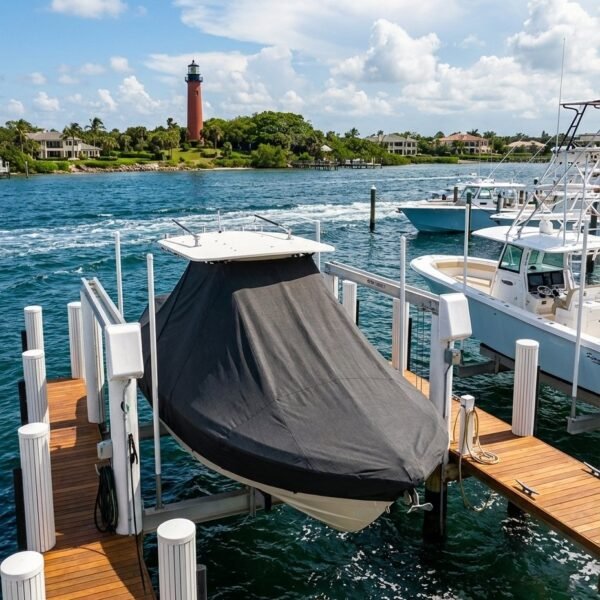 Pursuit 2870 WA T-Top boat cover in Charcoal Sunbrella fabric on dock lift at Stuart, Florida