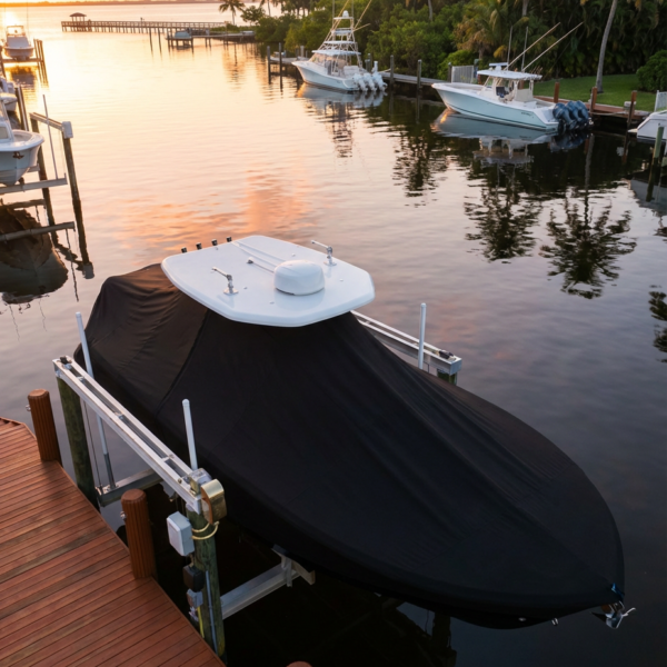 Pursuit 310 C T-Top boat cover in Black Sunbrella fabric on dock lift at Indian River Lagoon, Florida