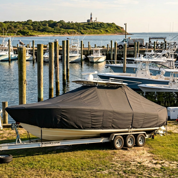 Covered motorboat on a multi-axle trailer at a marina, with other boats and wooden pilings nearby and a lighthouse on a grassy hill in the distance.