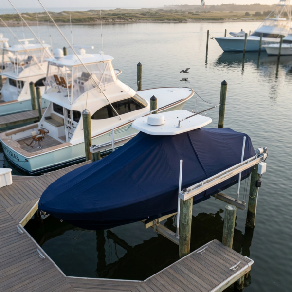 Boats docked at a marina; a blue-covered boat on a lift, wooden docks, calm water, and a striped lighthouse in the distance.