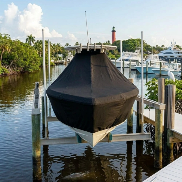 Boat on a lift at a marina, covered with a black tarp, calm water and yachts in the background by a wooden dock and lighthouse in distance.