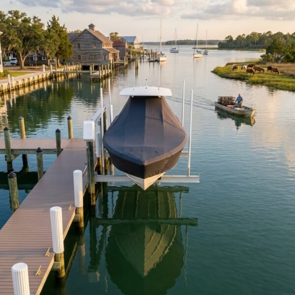 Covered boat on a lift at a wooden dock, with calm green water and reflections, and a rustic shoreline with trees and boats in the distance.
