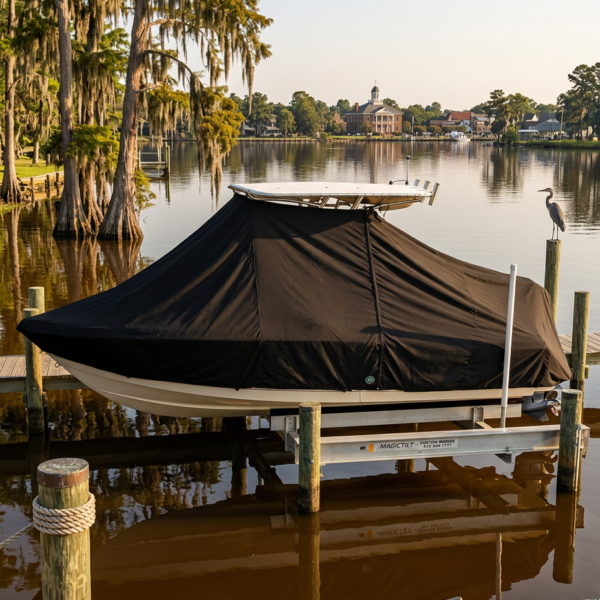 Boat on a lift dock covered with a black tarp, calm marina water reflecting trees and buildings in the distance.
