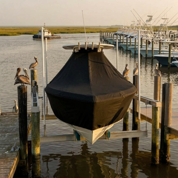 A covered boat on a lift at a marina, with pelicans perched on pilings and calm water in the background.