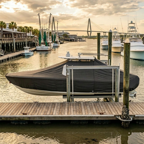 Covered motorboat on a wooden dock at a marina, with sailboats and a cable-stayed bridge in the distance at sunset.