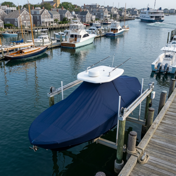 Blue-covered boat on a lift at a wooden dock in a marina, with calm water and moored yachts nearby
