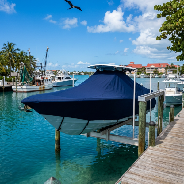 Boat covered with a navy tarp sits on a boat lift at a marina, turquoise water and palm trees in the background under a blue sky.