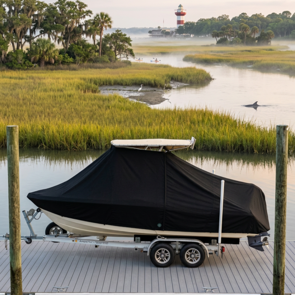 Covered boat on a trailer parked on a wooden dock by the calm water, with marsh grass and a distant lighthouse in view and mist in the distance.