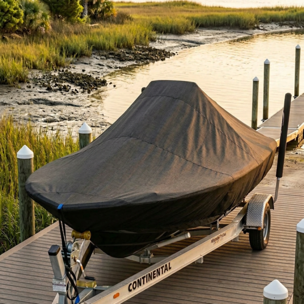 Boat covered with a dark tarp on a Continental trailer parked on a wooden dock by calm marshy water with grasses and pilings nearby.