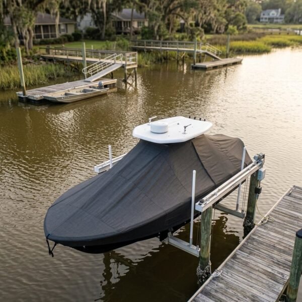 Covered boat on a lift moored to a wooden dock along a calm waterfront with houses and trees in the background.