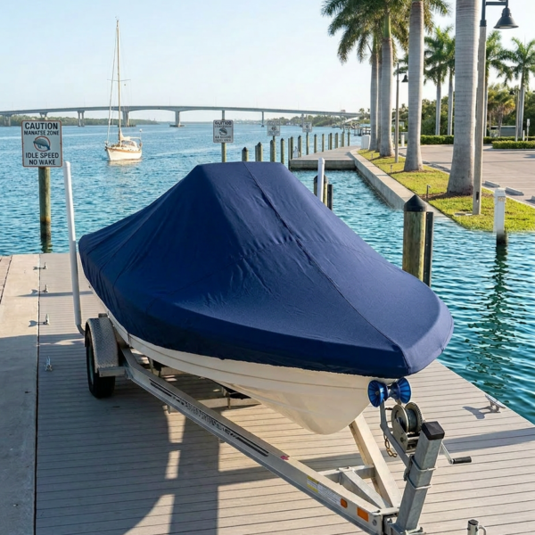 Blue boat cover on a trailer docked at a marina with palm trees and calm water behind it, a sailboat in the distance.
