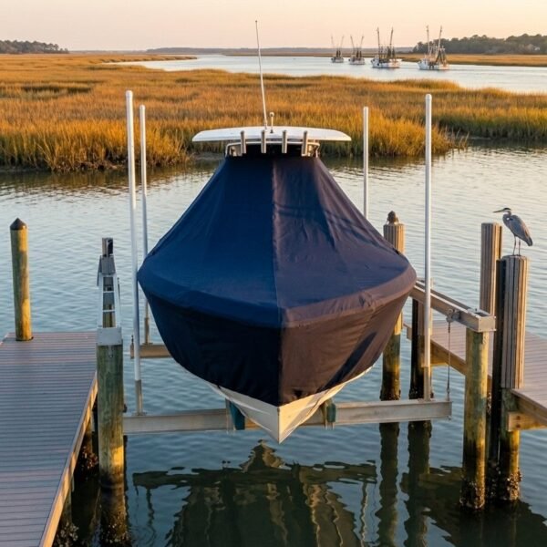 Blue-covered boat on a lift at a wooden dock by a calm marsh during sunset, with reflections in the water.