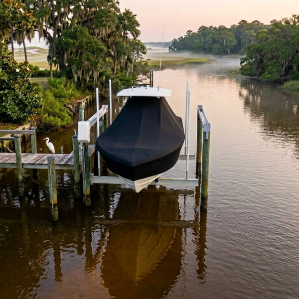 Covered boat on a wooden dock along a calm river at dawn, with mist rising from the water and trees on either side.