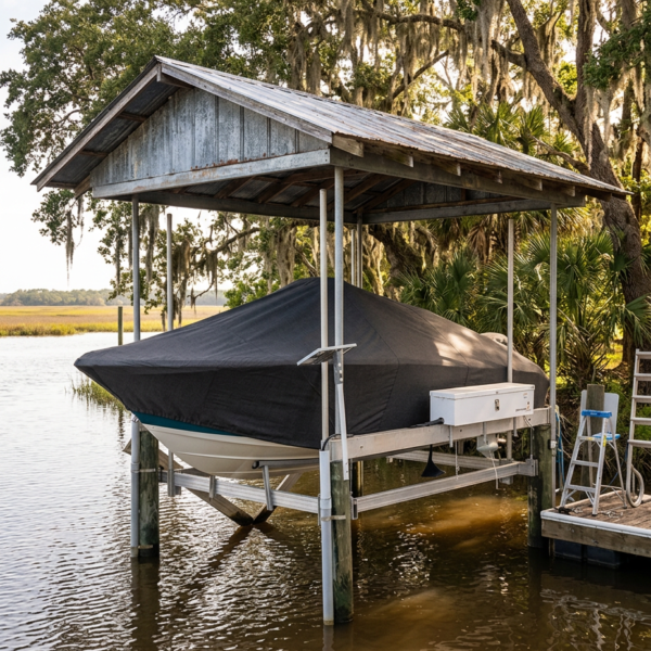 Covered motorboat on a boat lift under a wooden roof, tethered to a dock beside calm water and palm trees in the background.