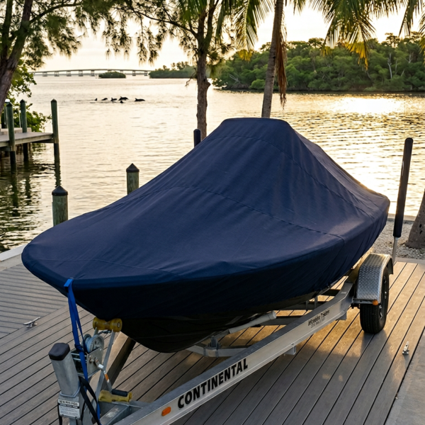 Blue tarp-covered boat on a trailer at a wooden dock by calm water and palm trees at sunset, ready to launch. (informative)