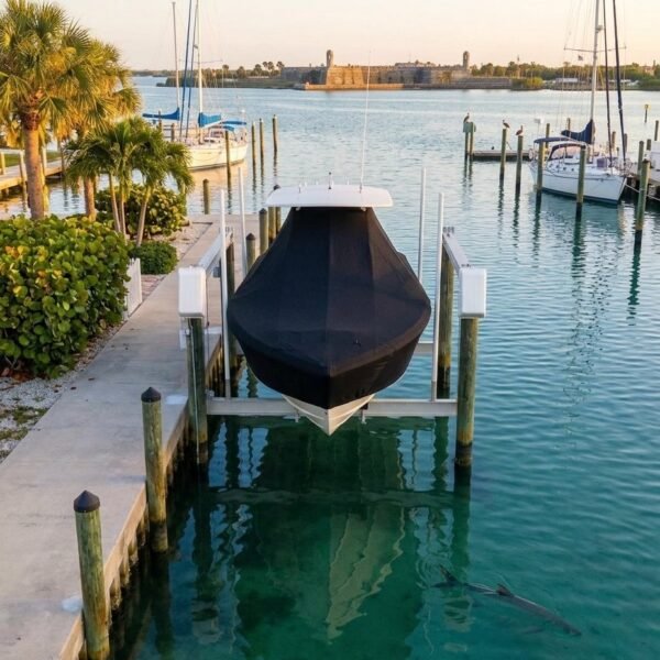 Covered boat on a lift at a marina with calm turquoise water and palm trees nearby.