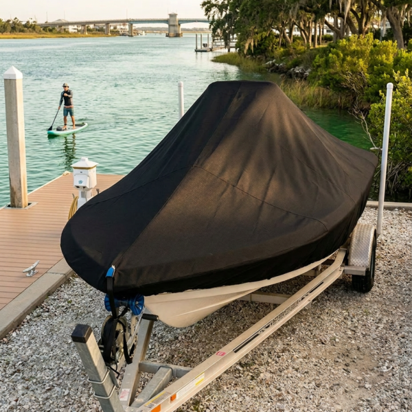 Covered boat on a trailer by a rocky shoreline, with a paddleboarder on calm water and a distant bridge in the background.