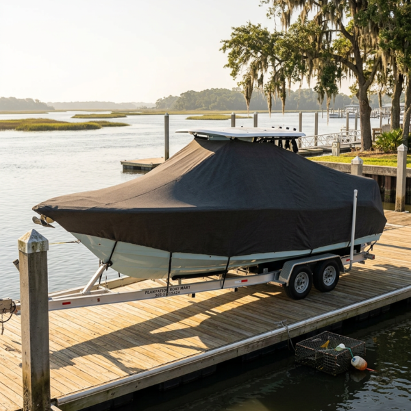 Boat on a double-axle trailer covered with a black tarp, parked on a wooden dock by calm water with trees in the background.