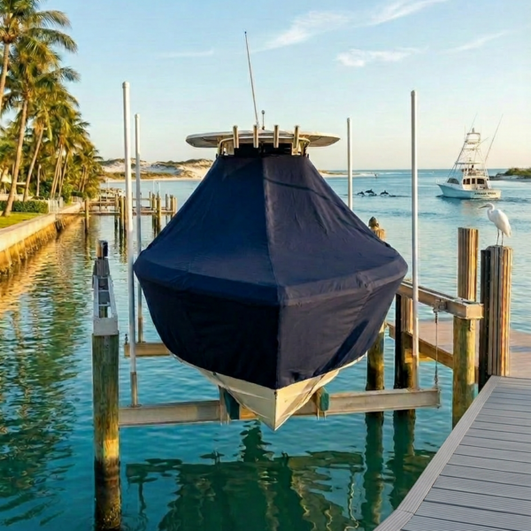 Blue-covered boat secured on a lift at a marina, with palm trees along the water and a distant white yacht on the horizon.