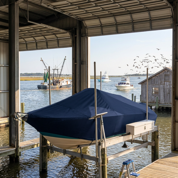 Boat lifted in a covered marina, navy blue boat cover, on a metal lift above the water with a wooden dock nearby and small shed in the background.