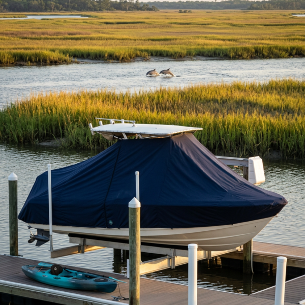 Boat on a dock covered with a blue tarp, with a small turquoise kayak beside it in calm marsh waters.