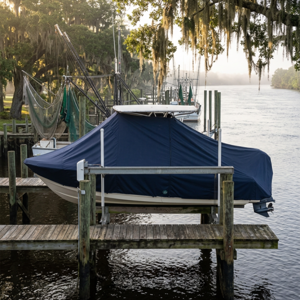 Covered boat on a wooden dock by calm water, with fishing gear and trees in the background.