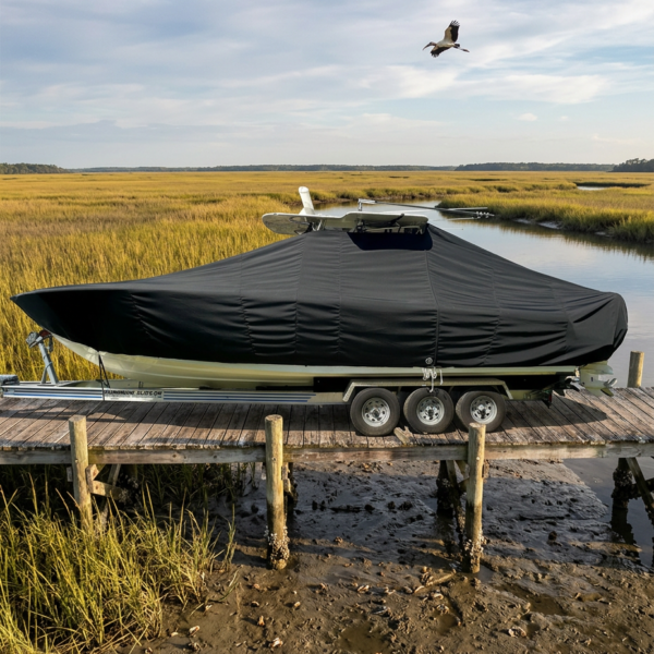 Boat on a triple-axle trailer, covered with a black cover, parked on a wooden dock over marshland.