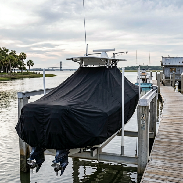 Boat on a lift at a wooden dock, covered by a black tarp with two propellers visible beneath.