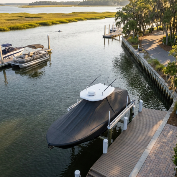 Covered motorboat on a lift at a wooden dock along a calm waterway, with additional boats and marsh grass in the background.
