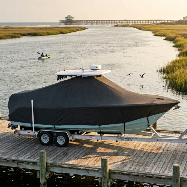 Covered boat on a trailer parked on a wooden dock overlooking a marshy waterway and distant pier; kayakers visible in the background.