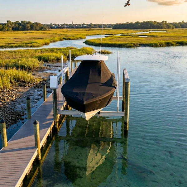 Covered boat on a dock over clear teal water with marsh grasses in the distance at sunset/dusk. The boat is reflected in the water.