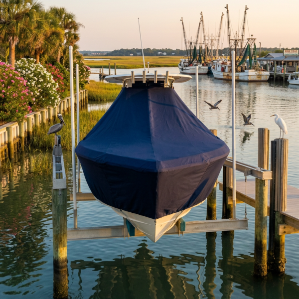 Blue-covered boat on a lift at a marina, with palm trees, flowering bushes, and sailboats in the background.