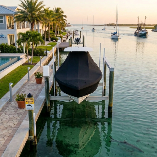 Covered boat on a lift at a sunny marina, with palm trees, waterfront homes, and calm emerald water in the background.